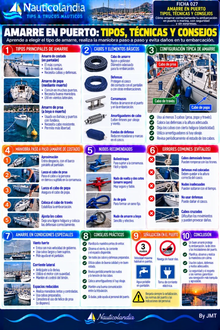 Lámina Nauticolandia: amarre en puerto, tipos de amarre, cabos, defensas y nudos