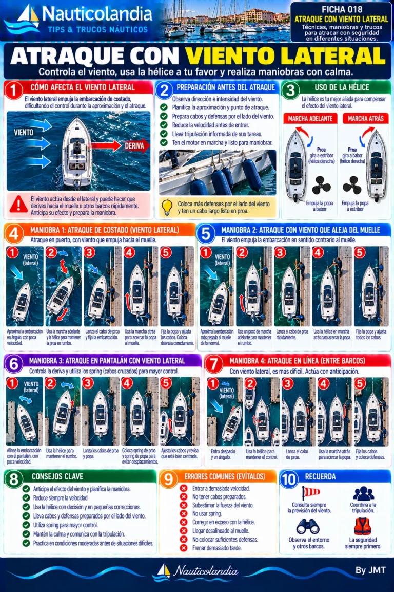 Lámina Nauticolandia: atraque con viento lateral, uso de la hélice y maniobras paso a paso