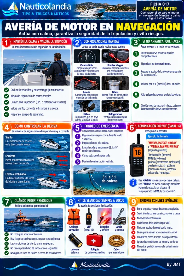 Lámina Nauticolandia: avería de motor en navegación, comprobaciones y actuación