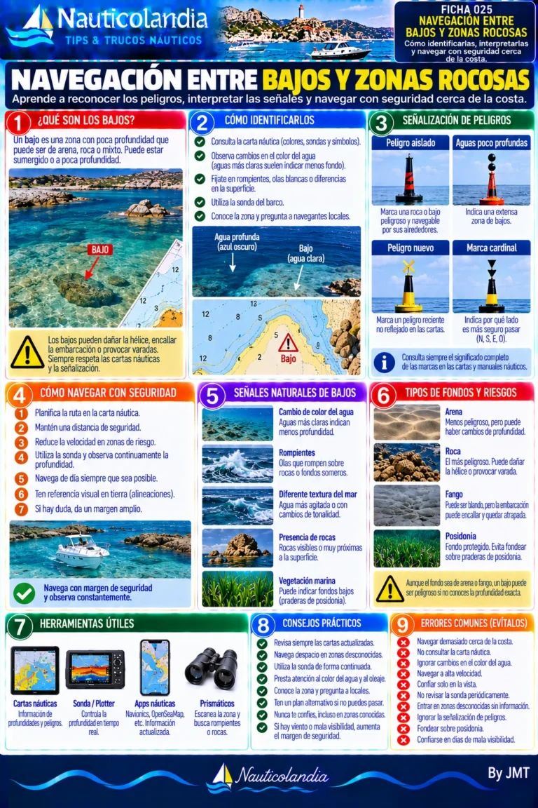 Lámina Nauticolandia: navegación entre bajos y zonas rocosas, señalización y consejos