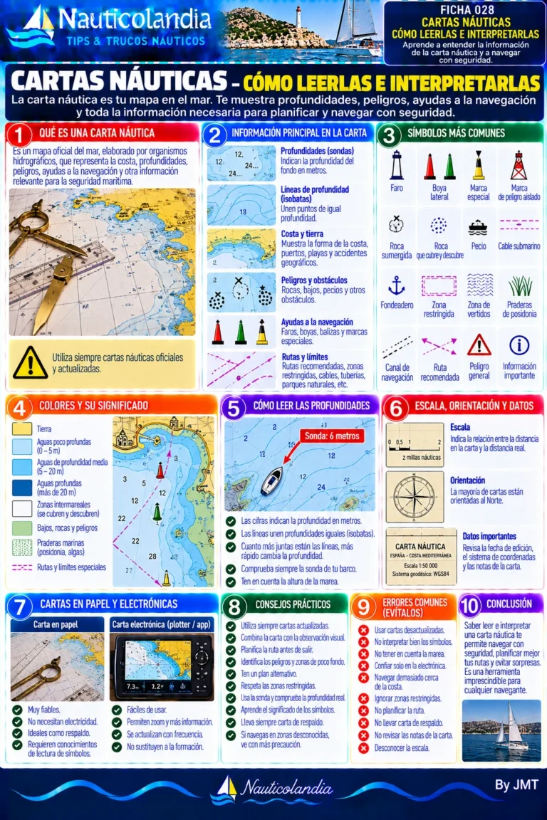 Lámina Nauticolandia: cartas náuticas, símbolos, colores, profundidades y escala
