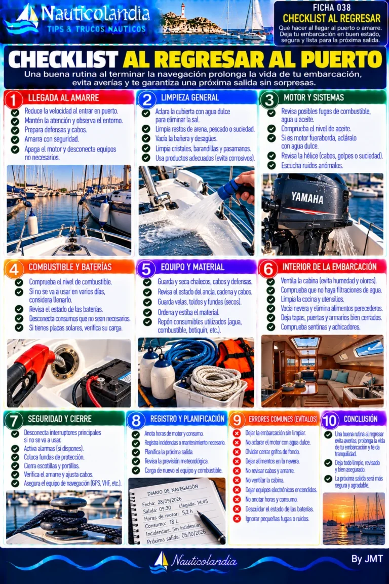 Lámina Nauticolandia: checklist al regresar al puerto, limpieza, motor y seguridad