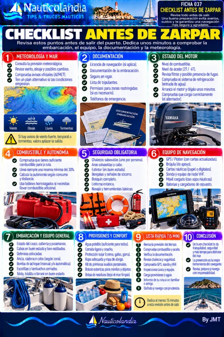 Lámina Nauticolandia: checklist antes de zarpar, lista de comprobación completa