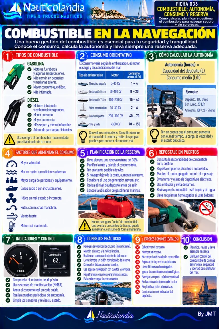 Lámina Nauticolandia: combustible en la navegación, consumo, autonomía y reserva