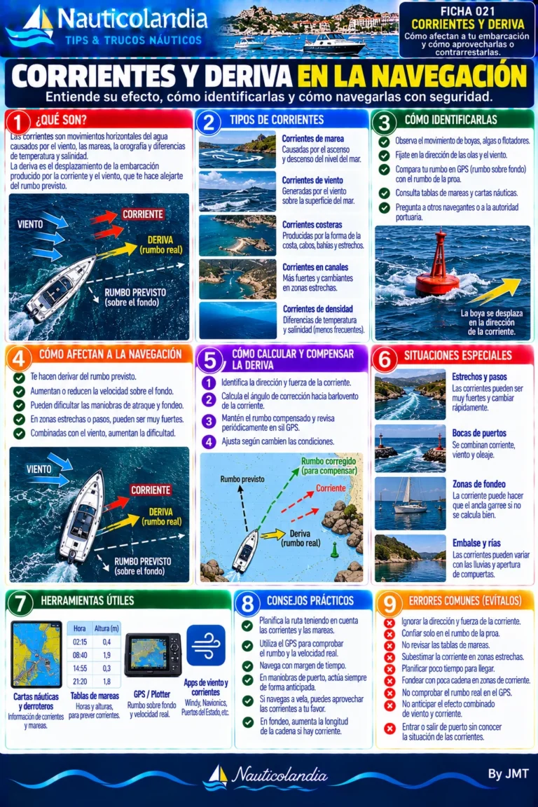 Lámina Nauticolandia: corrientes y deriva, tipos, identificación y compensación del rumbo