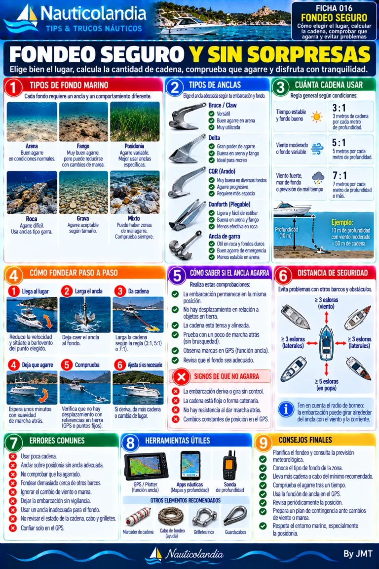 Lámina Nauticolandia: fondeo seguro, tipos de fondo y ancla, cadena y comprobación del agarre