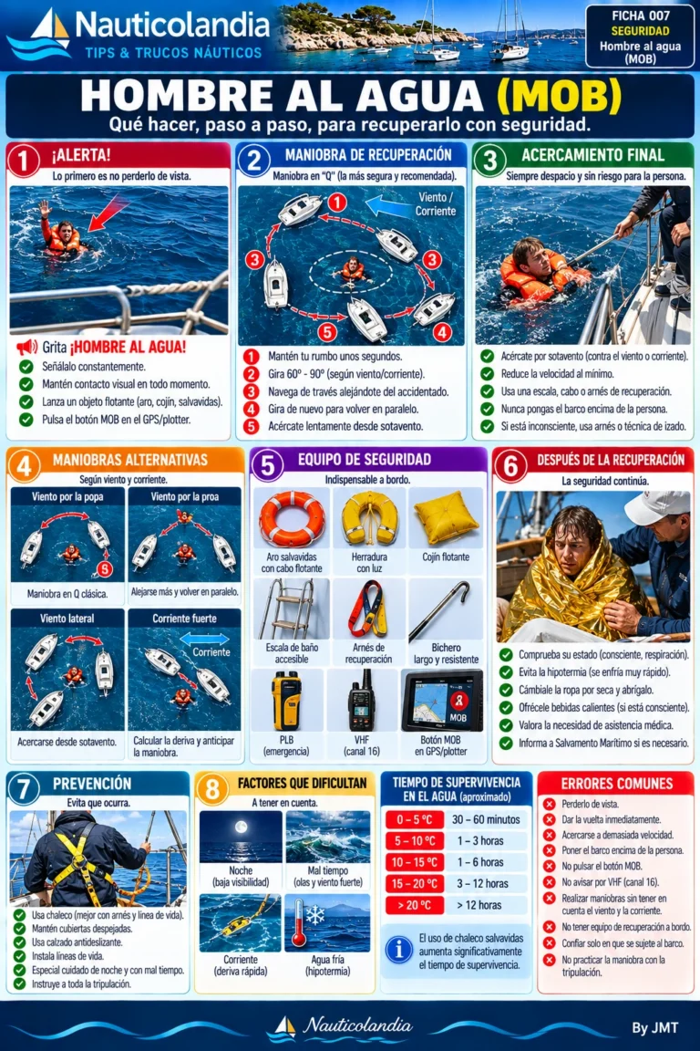 Lámina Nauticolandia: hombre al agua, alerta, maniobra de recuperación y equipo de seguridad