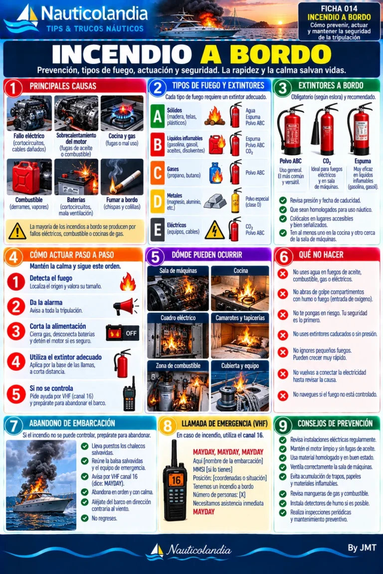 Lámina Nauticolandia: incendio a bordo, tipos de fuego, extintores y actuación paso a paso