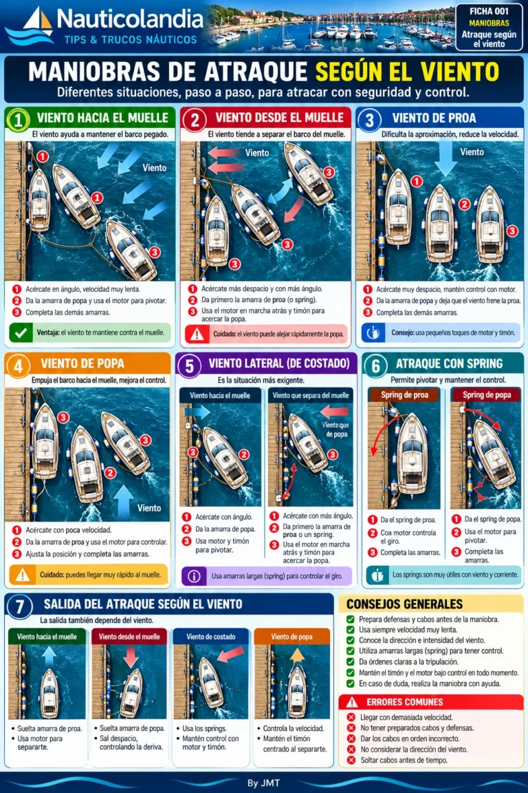 Lámina Nauticolandia: maniobras de atraque según la dirección del viento, paso a paso