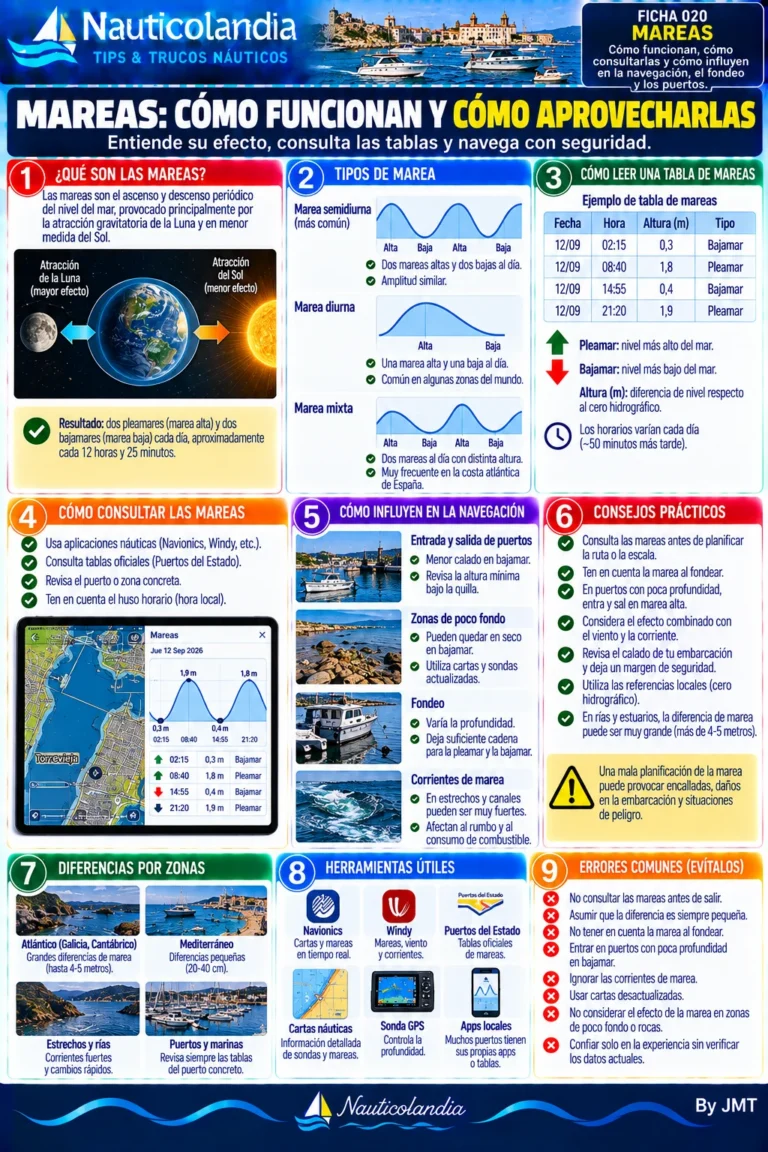 Lámina Nauticolandia: mareas, tipos, tabla de mareas e influencia en la navegación