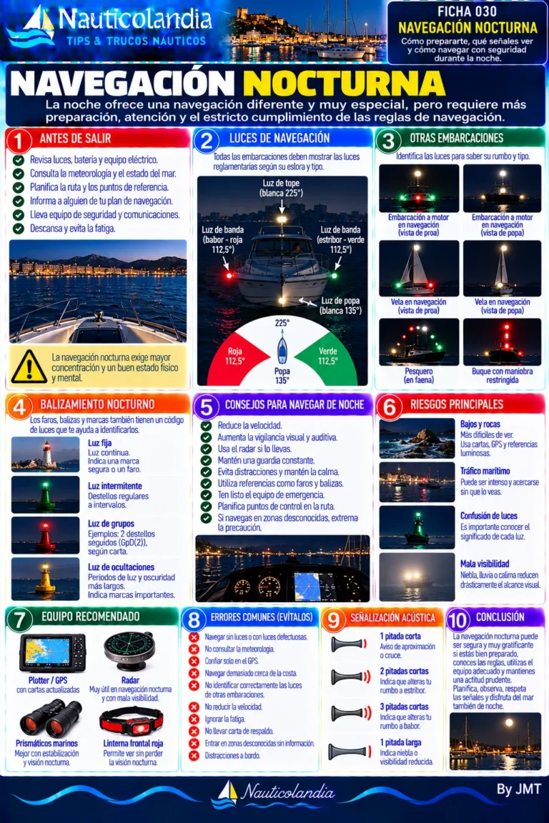 Lámina Nauticolandia: navegación nocturna, preparación, luces, balizamiento y riesgos