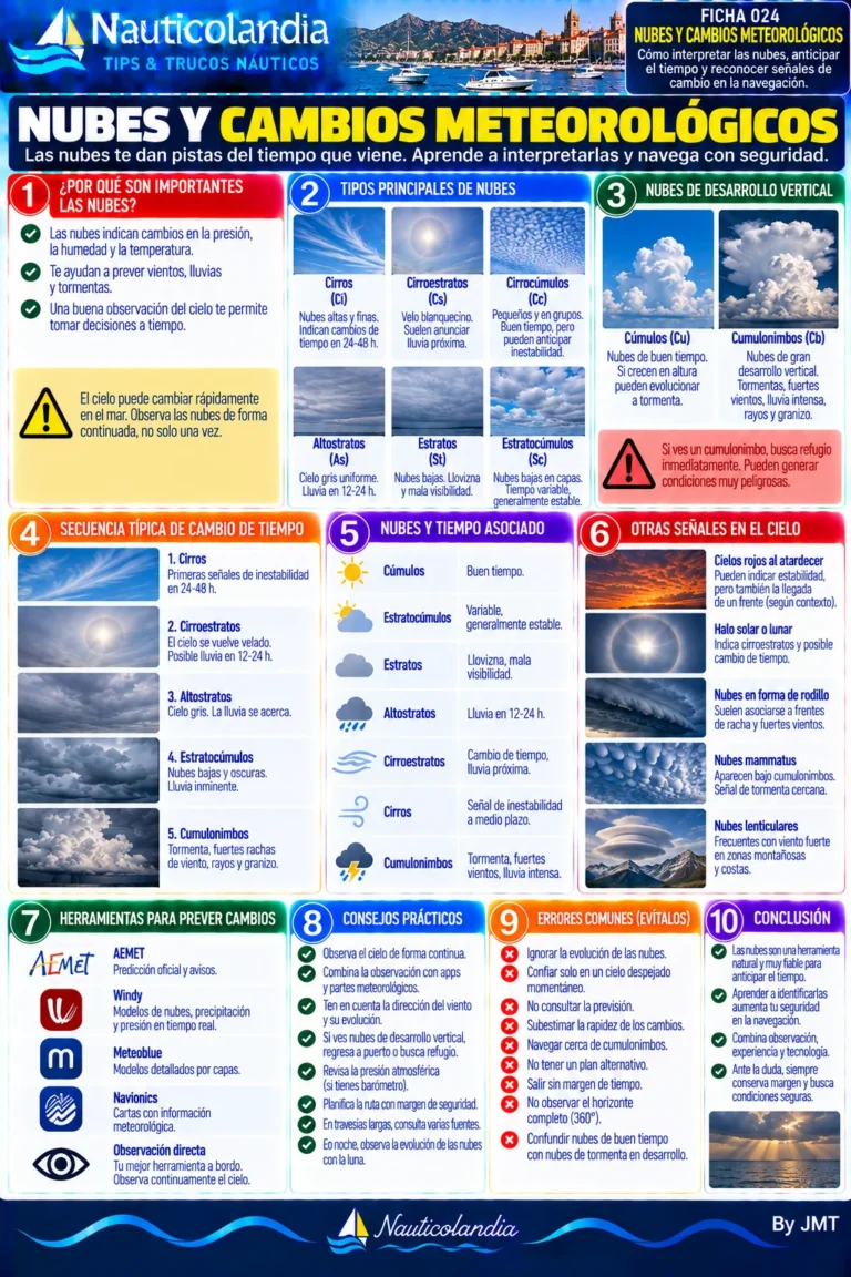 Lámina Nauticolandia: nubes y cambios meteorológicos, tipos de nubes y señales en el cielo