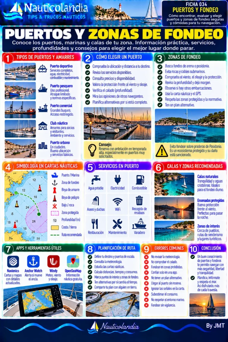 Lámina Nauticolandia: puertos y zonas de fondeo, tipos de puerto, servicios y calas