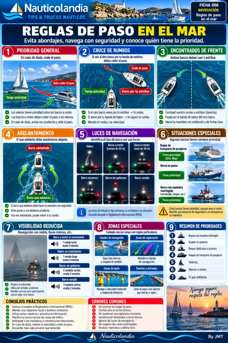 Lámina Nauticolandia: reglas de paso en el mar (RIPA), prioridades y cruces