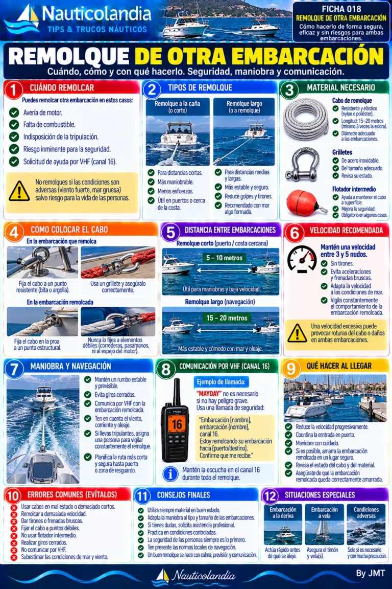Lámina Nauticolandia: remolque de otra embarcación, material, distancia y velocidad