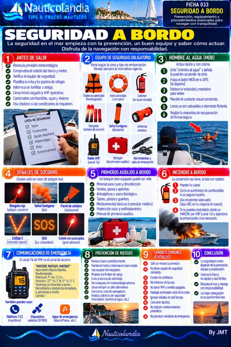 Lámina Nauticolandia: seguridad a bordo, equipo obligatorio y emergencias