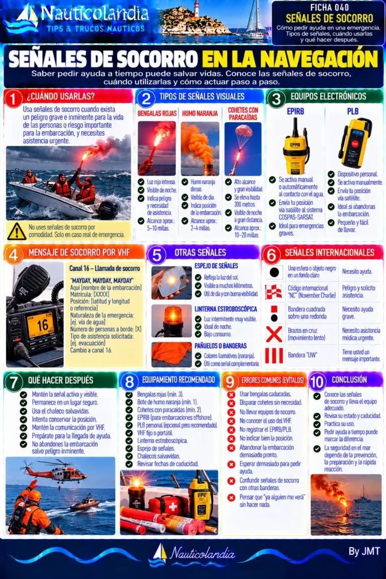 Lámina Nauticolandia: señales de socorro, bengalas, EPIRB, PLB y llamada MAYDAY por VHF