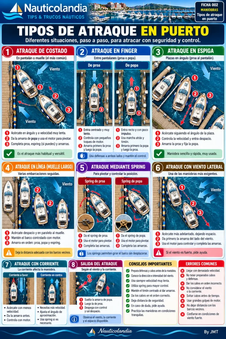 Lámina Nauticolandia: tipos de atraque en puerto (costado, finger, espiga, en línea y con spring)