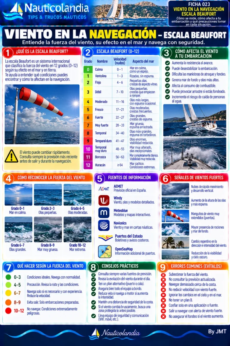 Lámina Nauticolandia: viento en la navegación y escala Beaufort de 0 a 12